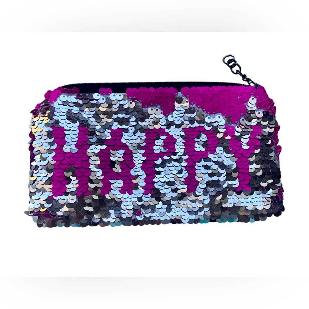 HAPPY Sequin Hot Pink Silver Black Velvet Zip Up Pencil Bag Pouch Cosmetic Bag